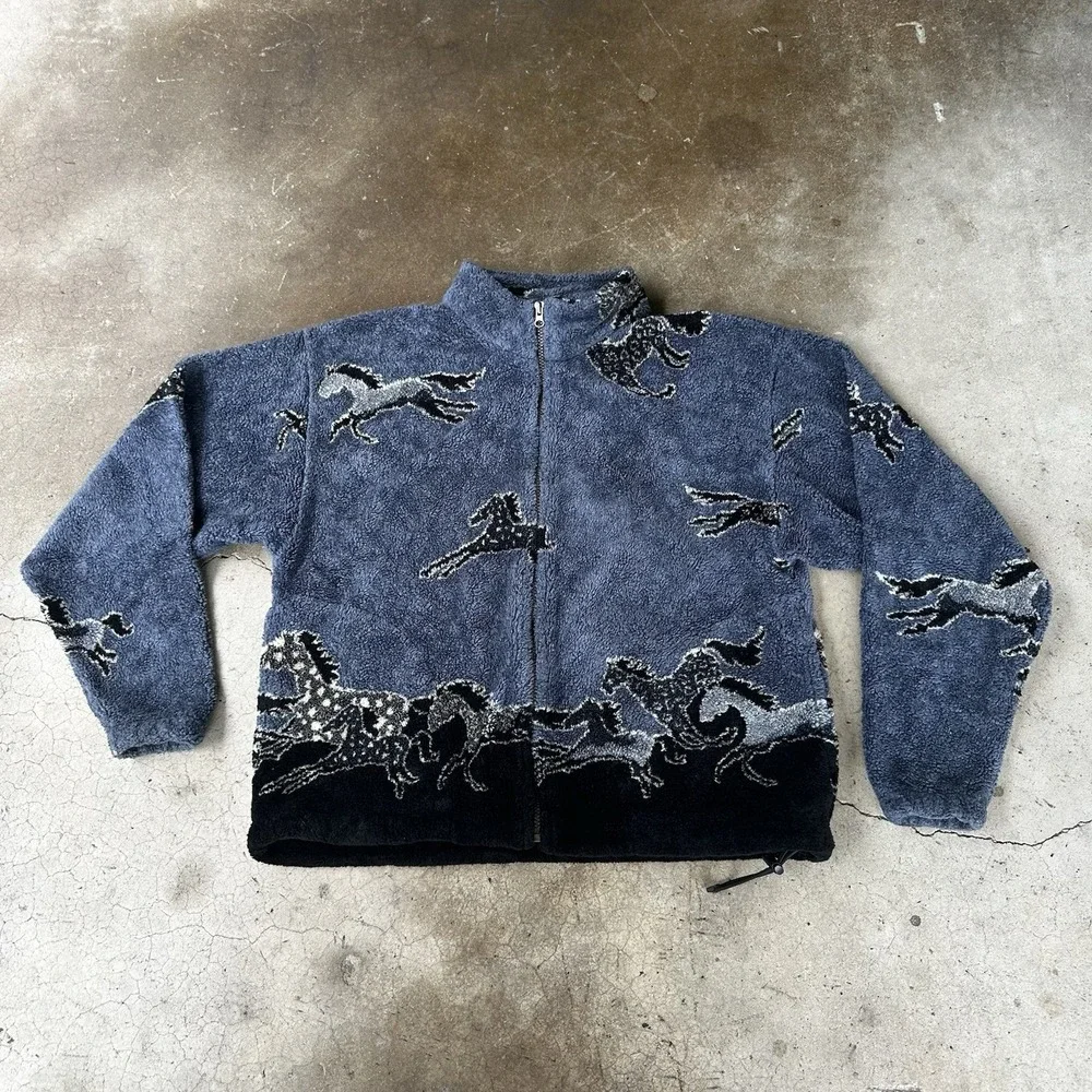 Vintage Outback Horse Jacket Mens Medium Blue Sherpa Fullzip Western Fleece 90s